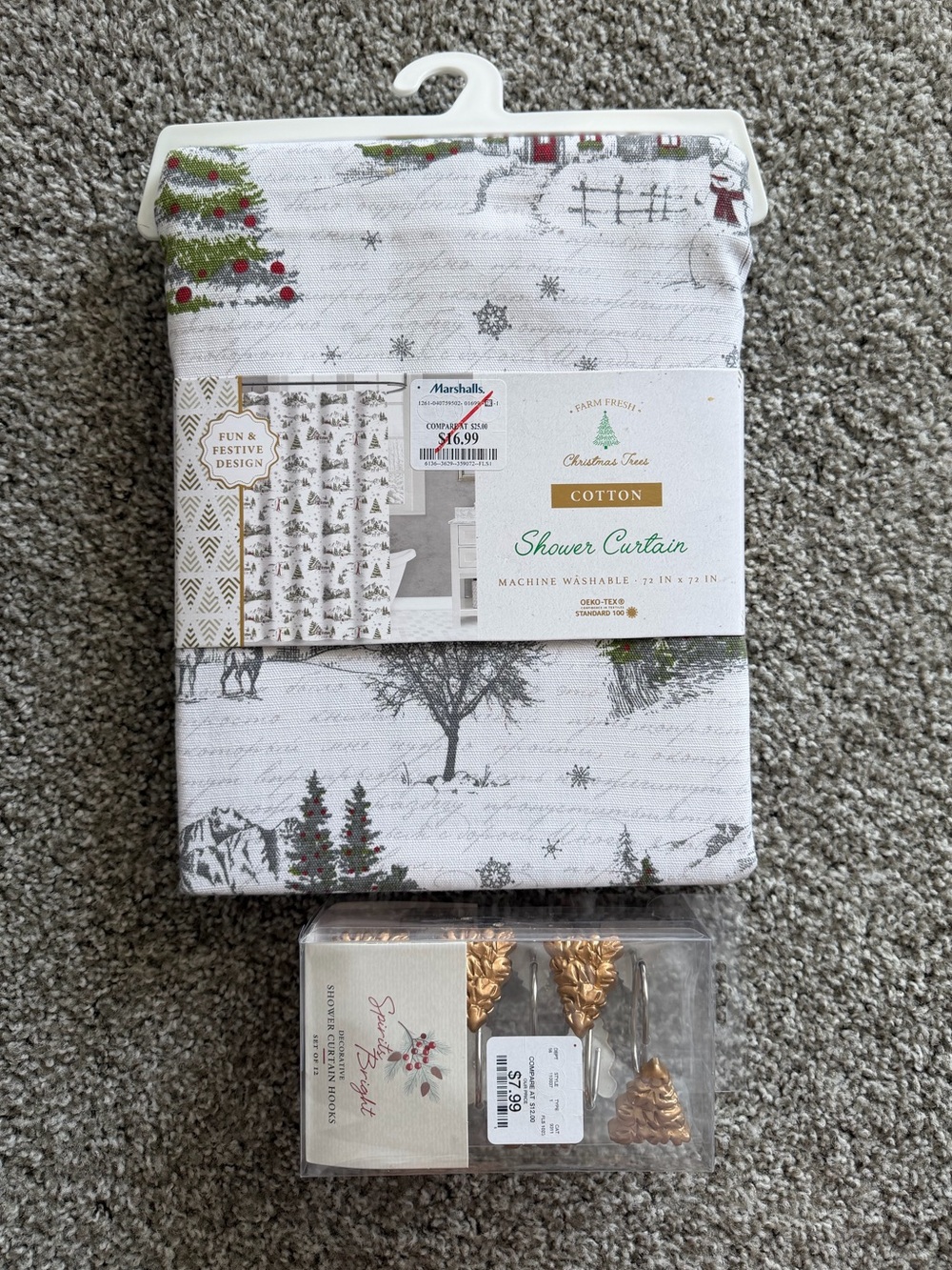 Marshalls White Cotton Shower Curtain with Green & Red Tree Accents + Hand Towel